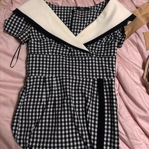 Elegant Navy and White Checkered Dress
